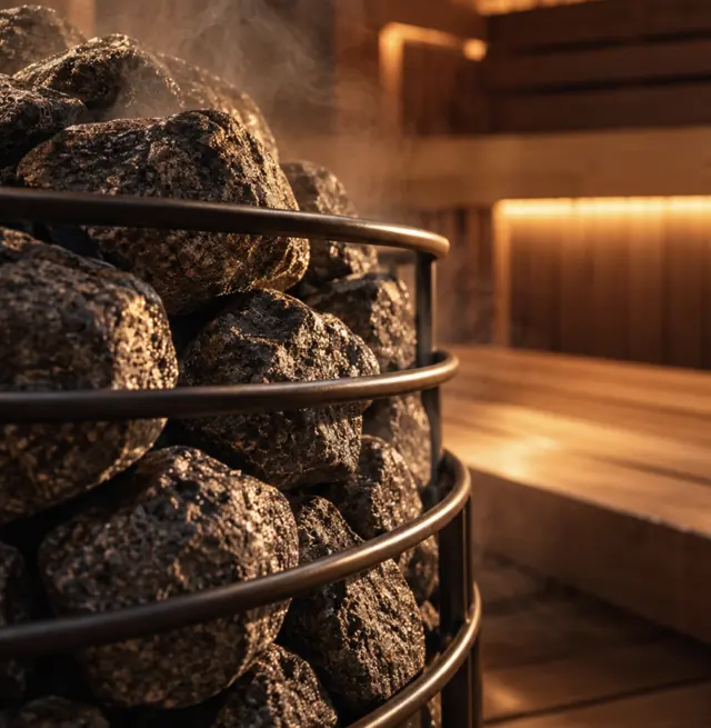 Sauna stones with the cedar benches behind